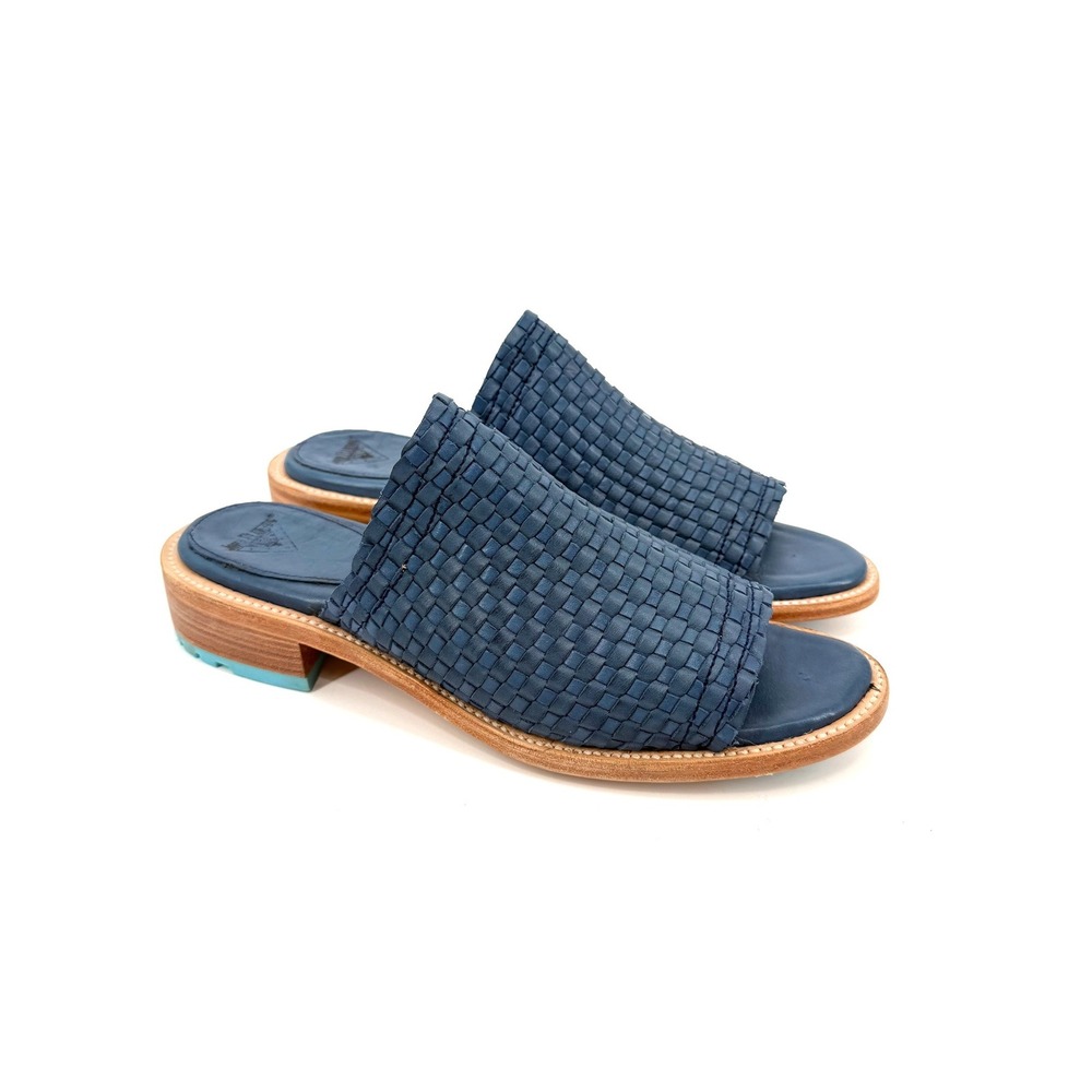 NEW John Fluevog Luce Blu Woven Leather Slide Slip On Sandals Tan Blue Women 12